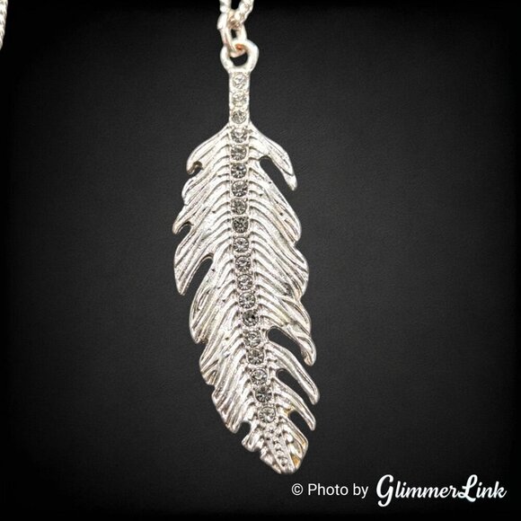 Large Delicate Rhinestone Feather Silver Tone Pendant Necklace - Picture 7 of 13